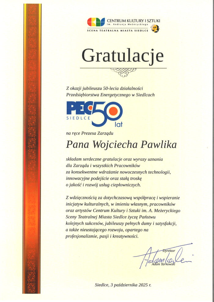 List Gratulacyjny od Dyrektora Centrum Kultury i Sztuki im. Andrzeja Meżeryckiego w Siedlcach Pana Adama Tarkowskiego