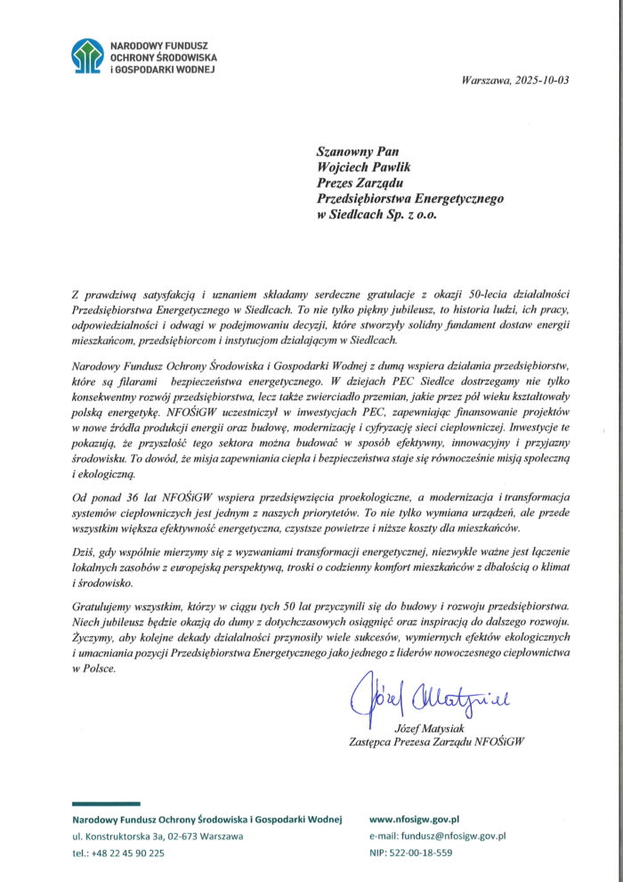 List Gratulacyjny od Zastępcy Prezesa Zarządu Narodowego Funduszu Ochrony Środowiska i Gospodarki Wodnej w Warszawie Pana Józefa Matysiaka