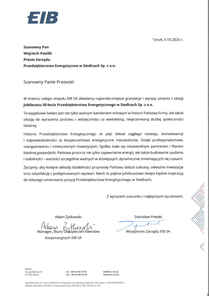 List Gratulacyjny od Wiceprezesa Zarządu EIB SA Pana Stanisława Friedla