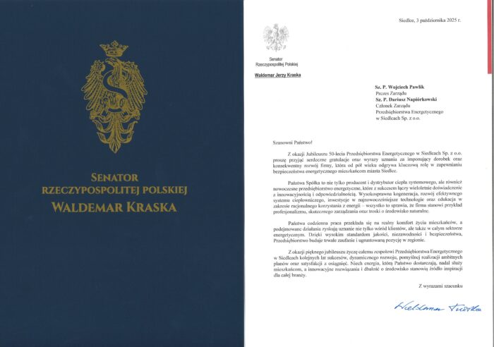 List Gratulacyjny od Senatora Rzeczypospolitej Polskiej Pana Waldemara Jerzego Kraski