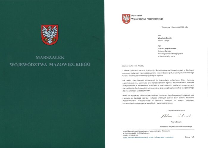 List Gratulacyjny od Marszałka Województwa Mazowieckiego Adama Struzika