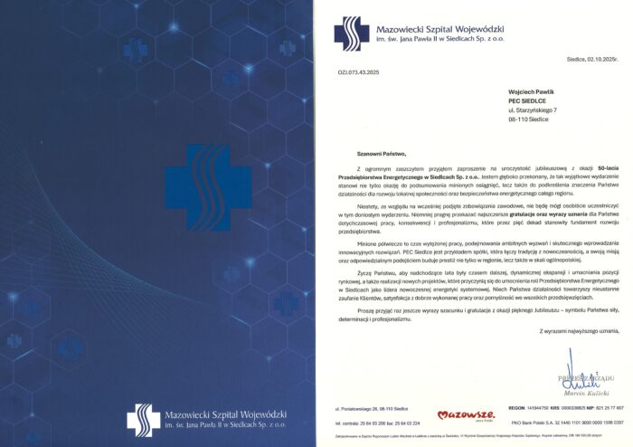 List Gratulacyjny od Prezesa Zarządu Mazowieckiego Szpitala Wojewódzkiego im. Św. Jana Pawła II w Siedlcach Sp. z o.o. Pana Marcina Kulickiego