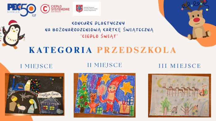 Plakat z wybranymi najlepszymi pracami w Konkursie plastycznym "Ciepło Świąt" w przedszkolach