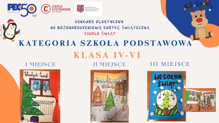 Plakat z wybranymi najlepszymi pracami w Konkursie plastycznym "Ciepło Świąt" w klasach od cztery do sześć szkoły podstawowej